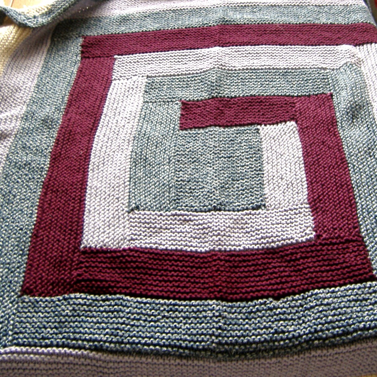 Log Cabin style hand knitted Baby Blanket Warm Blue Maroon