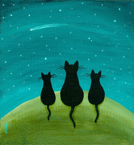 Shooting Star Original Cat Folk Art Painting