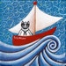 Sailor Kitty on a Boat Original Folk Art Painting