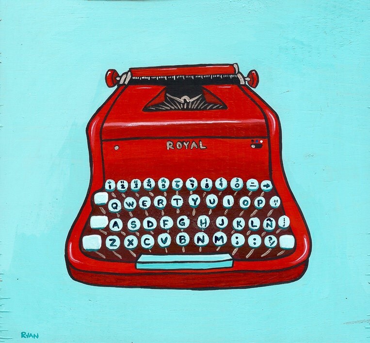 Red Vintage Typewriter Original Folk Art Painting