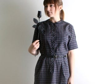 1950s Dress - Vintage Plaid Shirtdress in Navy Blue and Dark Maroon - Large