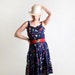 1970s Summer Sundress - Vintage Navy Blue Floral Print Cotton Dress - Large to XL