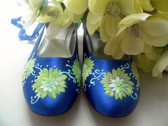 Items similar to Wedding Shoes sapphire blue personalized flats flowers ...