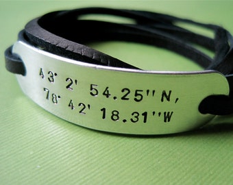 Custom Latitude Longitude Bracelet - Personalized Coordinates Bracelet - Leather Wrap