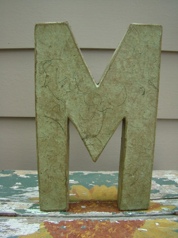 Green Paper Mache Letter M antiqued 8 inches
