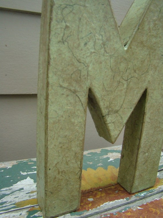 Green Paper Mache Letter M antiqued 8 inches