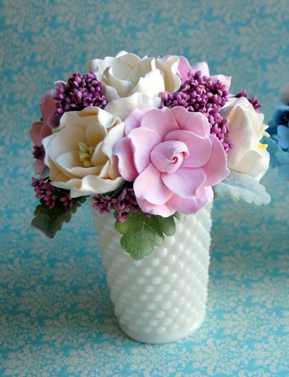 Items similar to hobnail vintage milk glass flower arrangement floral ...