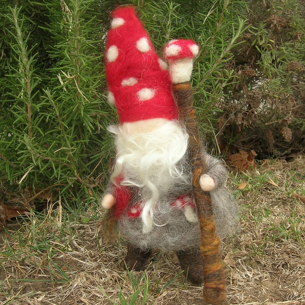 Toadstool Gnome with Walking Stick Needle felted wool Elf