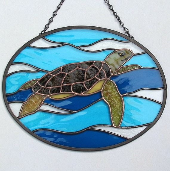 Stained Glass Sea Turtle Oval Suncatcher Panel