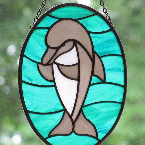Stained Glass Dolphin Oval Suncatcher Teal Green