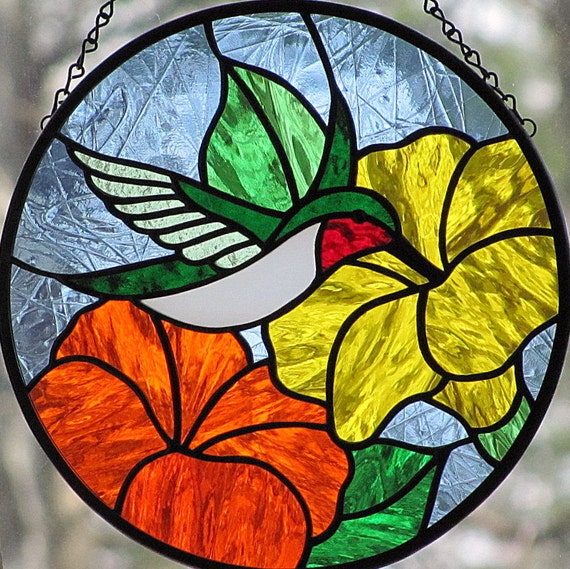 Stained Glass Hummingbird Round Suncatcher Orange Yellow