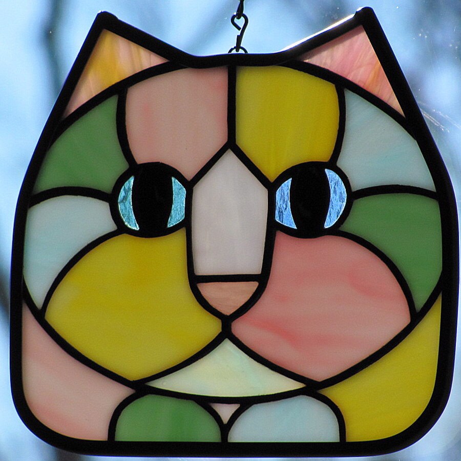 Stained Glass Pastel Calico Cat Face Suncatcher With Paws 3870