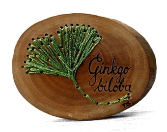 Embroidered Green Ginkgo biloba Leaf On a Rustic Bradford Pear Twig Slice Brooch - Pin by Tanja Sova