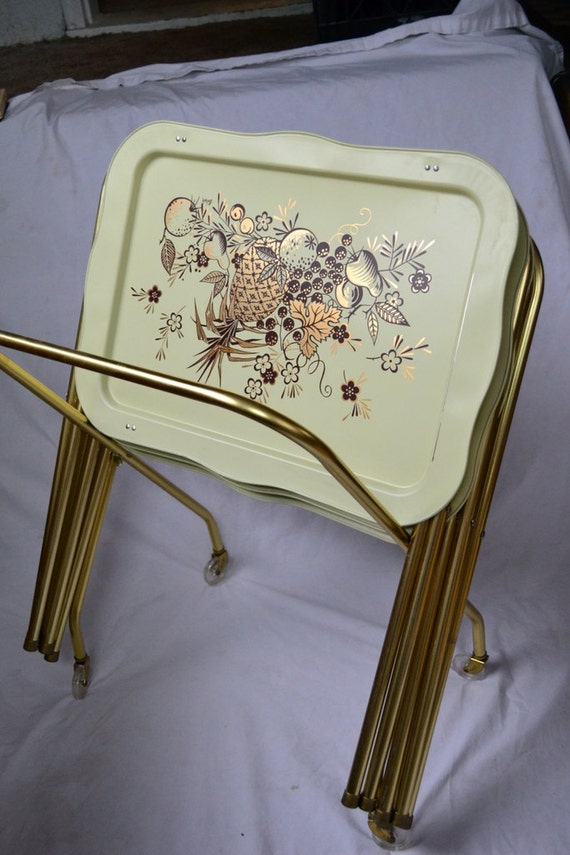 Vintage Lavada Metal TV Trays Set of 4 with Wheeled Stand