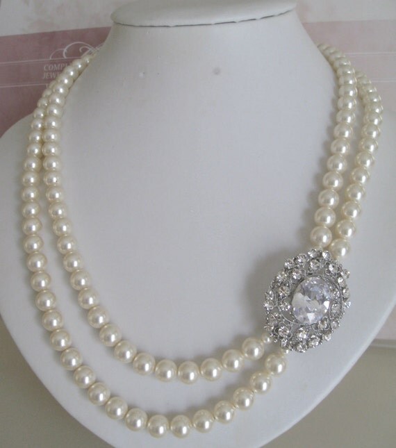 BrideBridesmaidsRhinestone BroochPearlNecklace 2 strands