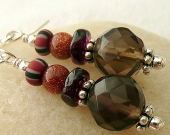 Handcrafted Artisan Smokey Quartz Goldstone Garnet Glass Bead Sterling Silver OOAK Bohemian Gypsy Dangle Earrings