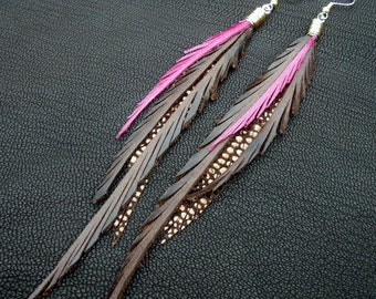 Leather Feather Earrings - brown, pink and sparkly bronze