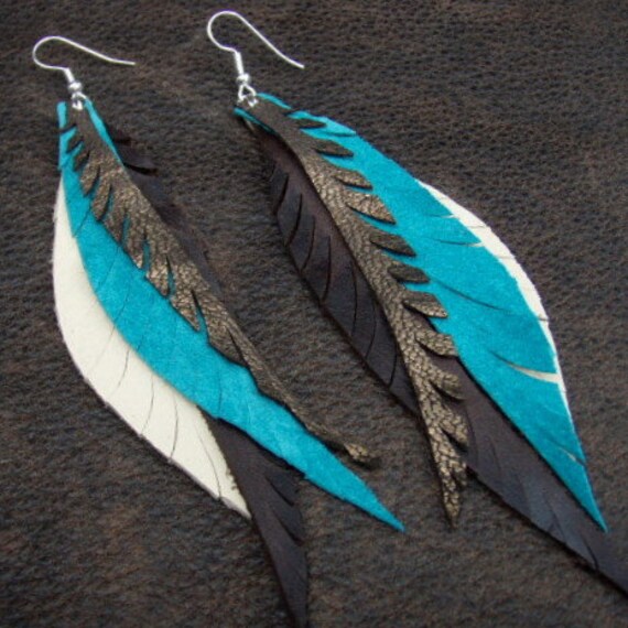 Tan Suede Feather Earrings with Turquoise Chunks main image 1