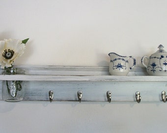 Wood French Country Wall Shelf Hooks Faded Linen Wedding White Color 35"