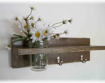 Primitive Country Chocolate Brown FALL WOOD Coat Hooks Cottage Wall Shelf