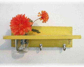Wood Shelf Hooks Sunshine Funky Retro Yellow Color Bathroom Kitchen