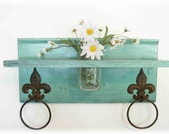Mint Green Bathroom or Kitchen Fleur de Lis Towel Rings Shelf with Mason Jar