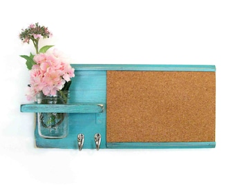 Retro Style Wall Shelf Cork Bulletin Board Message Center Hooks Country Light Turquoise Color