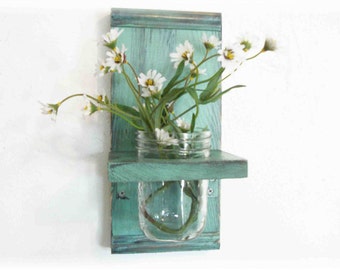 Flowers Primitive Country Mint Chip Green Wood Cottage Mason Jar Wall Shelf