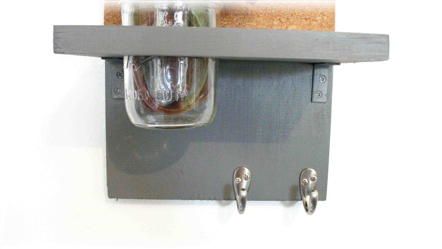 Wood Cork Board Message Center Hooks Dark Dove Gray Color