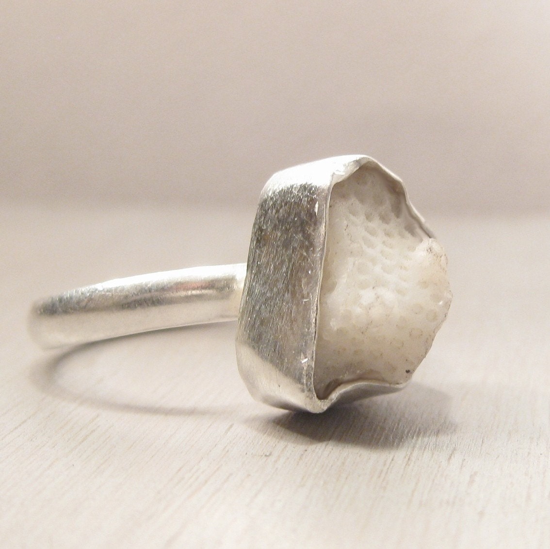 Soft white coral ring petite natural coral and sterling