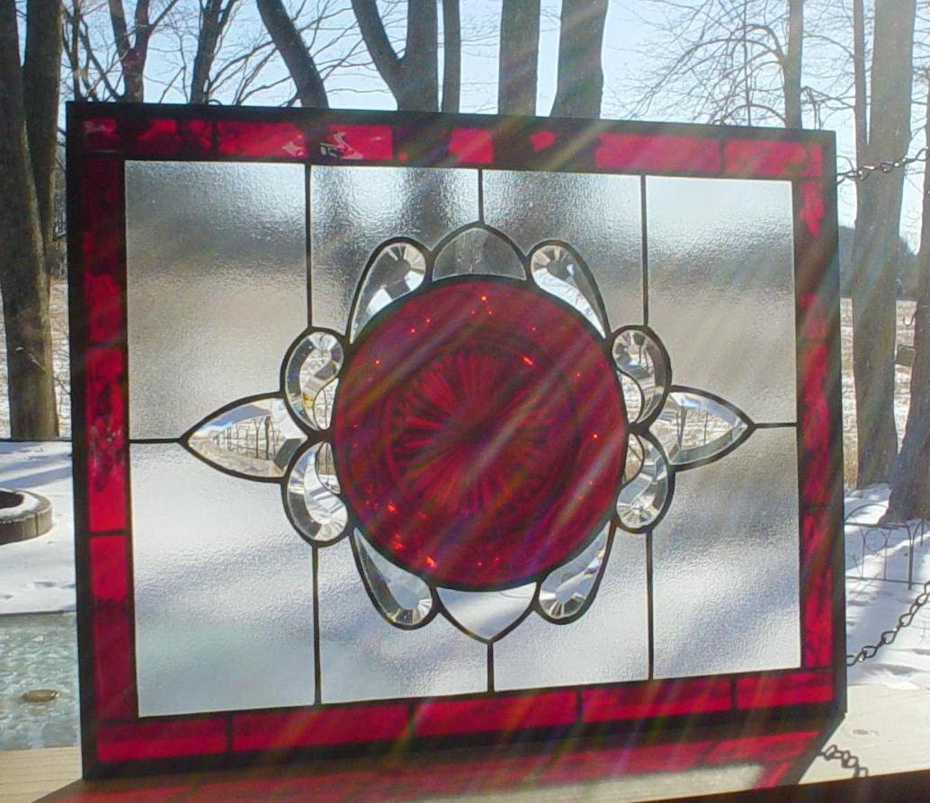 Stained Glass panel vintage Ruby plate with bevels