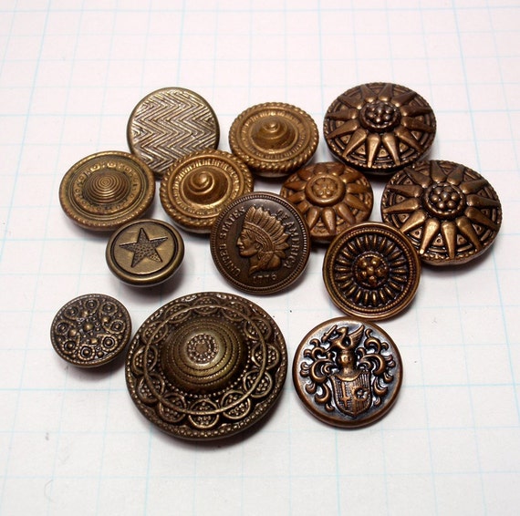 13 Vintage Decorative Metal Buttons Mixed Shank Group Sewing