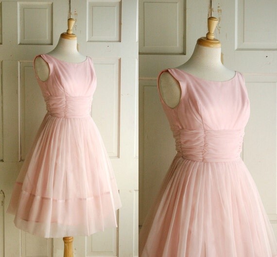 1960s Party Dress / Vintage Pale Pink Chiffon Prom Dress