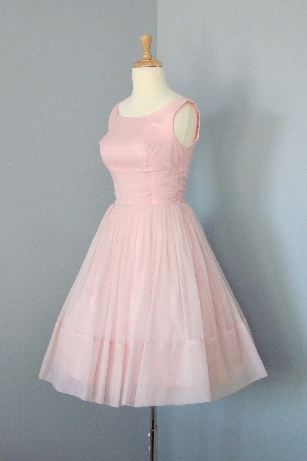 1960s Party Dress / Vintage Pale Pink Chiffon Prom Dress