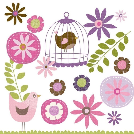 Flowers Birds Birdcage Clip Art for by TracyAnnDigitalArt on Etsy