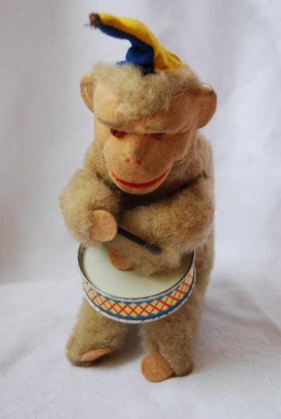 Vintage Wind Up Drum Playing Monkey Toy Animal 1940's