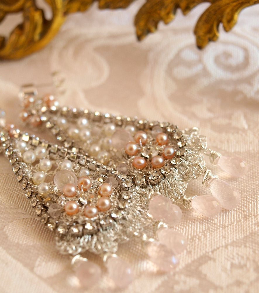 Blush Pink Wedding Earrings / Silver Lace and Pearl