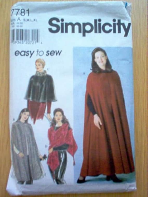 Simplicity Cape Pattern 7781 Easy to Sew Size S to XL SCA