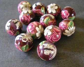 Crimson Rose Beads, Polymer Clay Beads, Round Beads Dozen - Made to Order