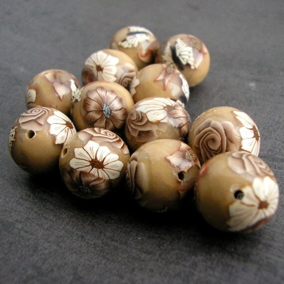 Light Brown Beads Round Polymer Clay Bead Dozen Brown Rose