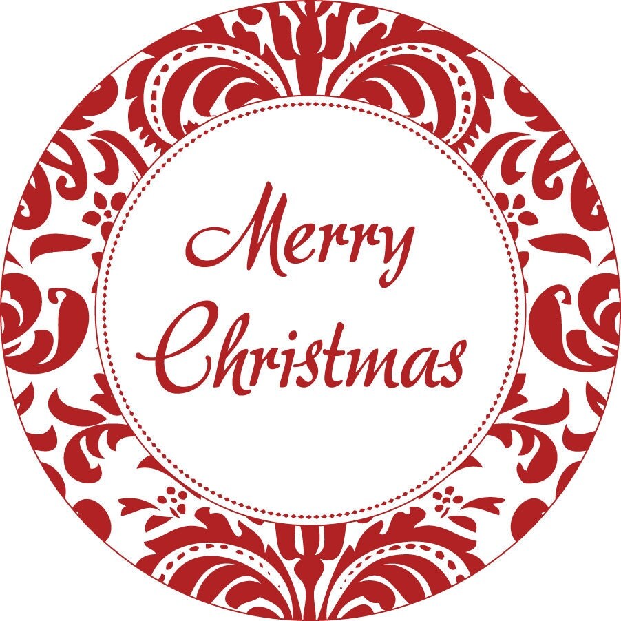 CHRISTMAS SALE Damask 2 Round Merry Christmas Labels
