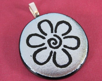 Silver Dichroic Pendant, Flower Necklace, Hand Etched Glass, Fused Glass Jewelry, Ready to Ship, One of a Kind - Daisy Mae - 3760-2