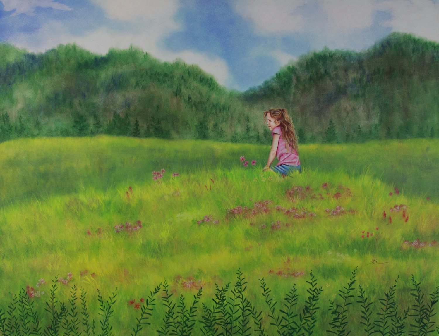 Prismacolor art print of little girl in a meadow 17x13