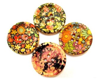 24 Wood buttons, 4 kinds, beautiful colorful flowers ornaments, 30mm