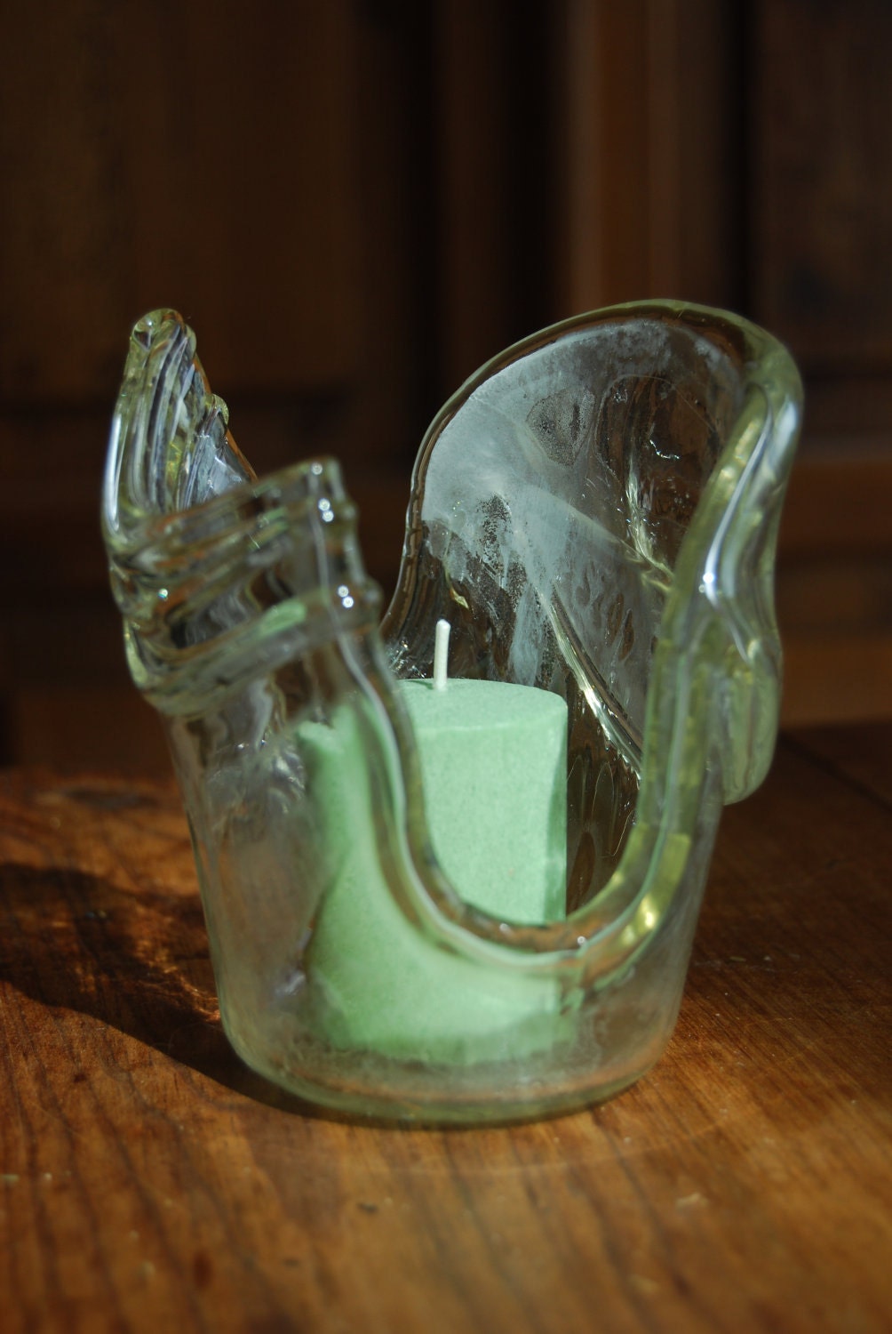Melted recycled glass jar candle holder