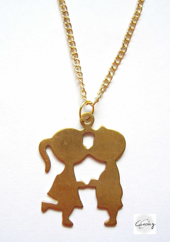 Golden Brass Boy and Girl Kissing Couple Charm Necklace