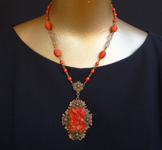 Vintage 30s Victorian Revival Coral Necklace by CatseyeVintage