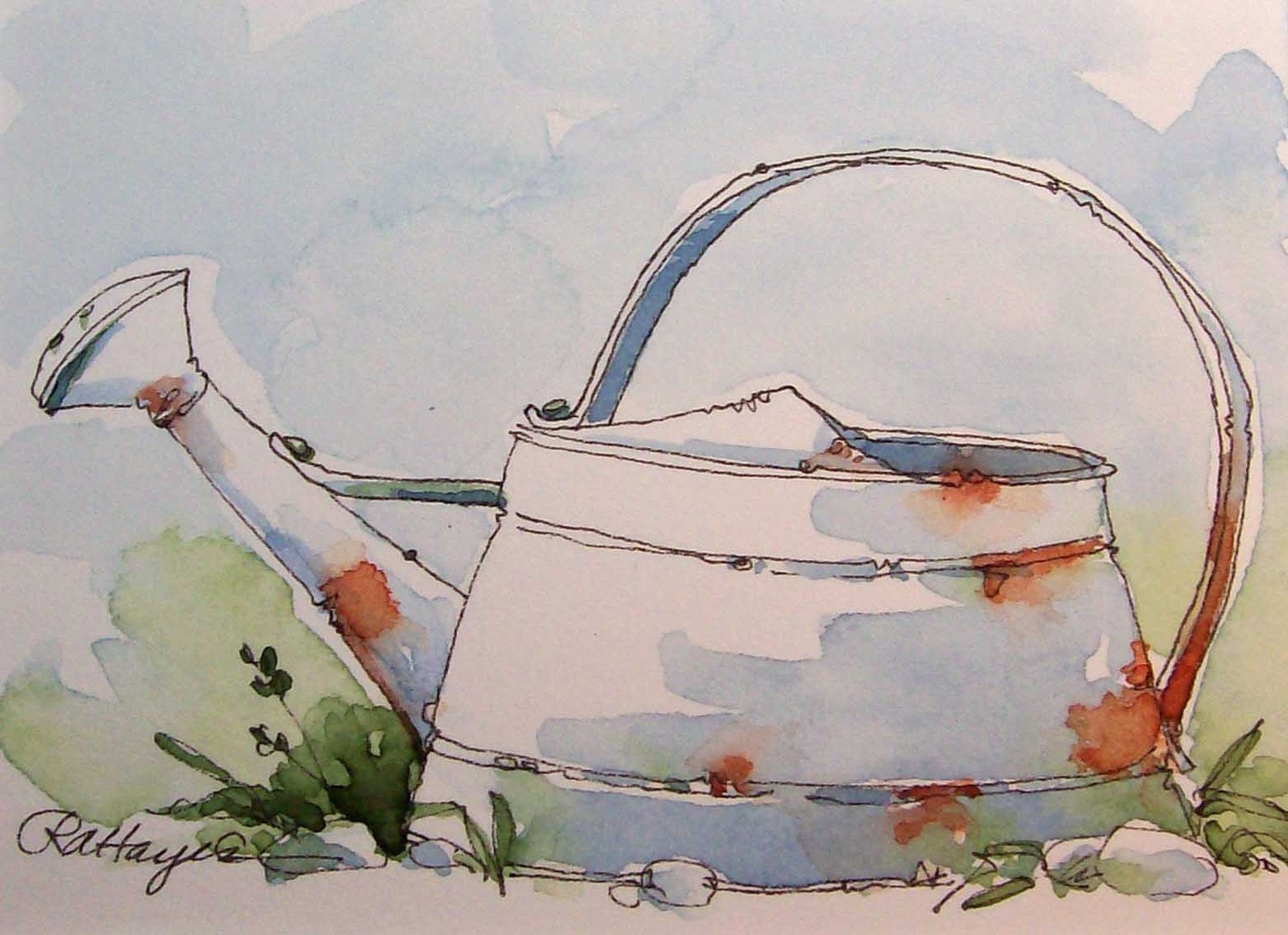 Old Metal Watering Can Watercolor Painting ACEO by RoseAnnHayes