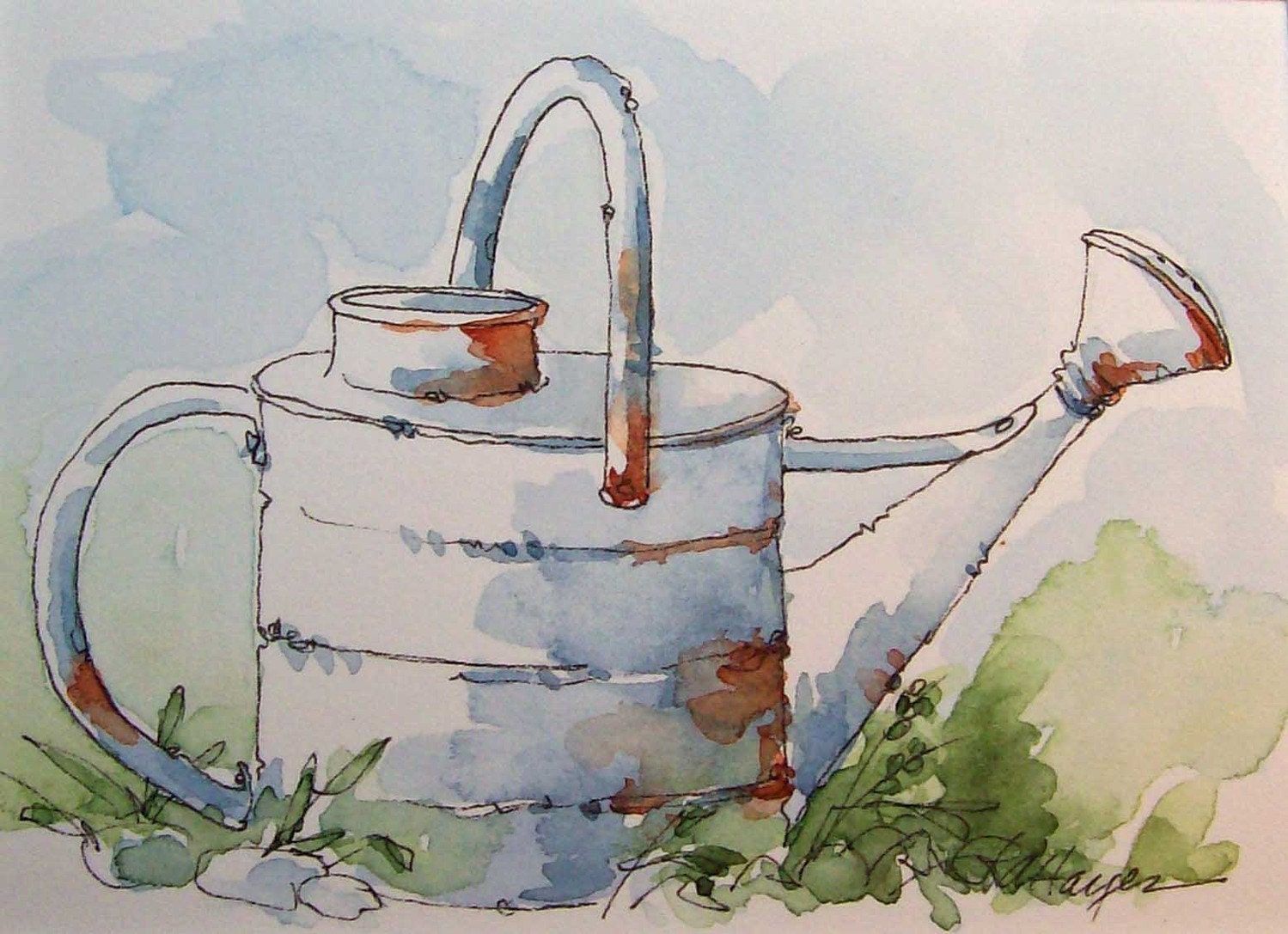 Old Metal Watering Can Watercolor Painting ACEO