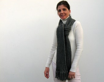 Dark Gray Chunky Knit Long Scarf, Scarf with Fringes, Mens, Womens Scarves, Winter, Wool, Wrap, Hand Knit Scarf, Cute Thick Scarf, For Dad